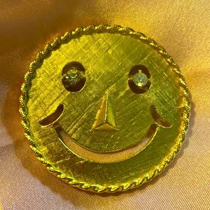 Vintage Smiley Face Brooch or Pendant Gold tone signed F